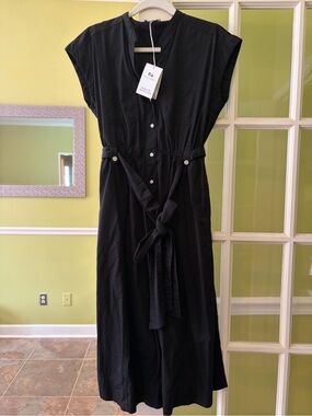 Free Assembly Black Button-Front Tie-Waist Midi Dress